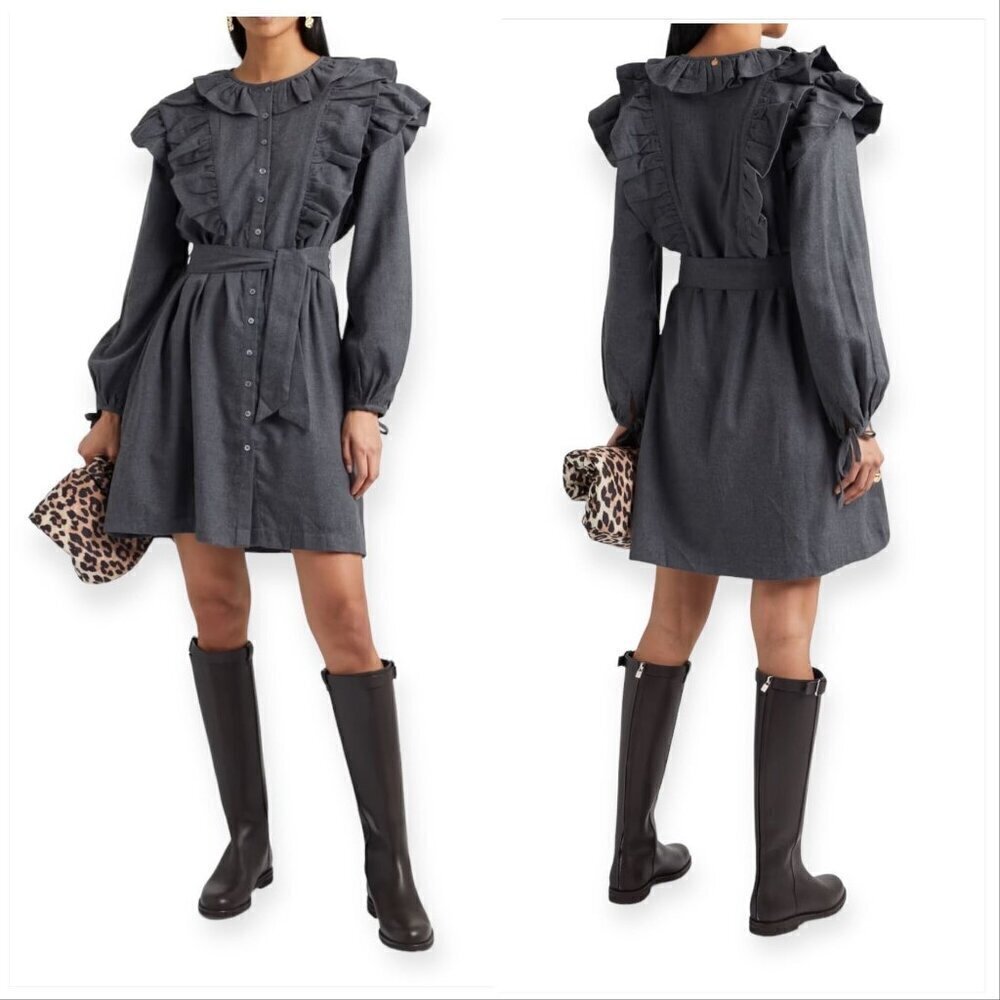 Antik Batik Lova Belted Ruffled Cotton-flannel Mini Dress Inβ Dark Gray, NWT
